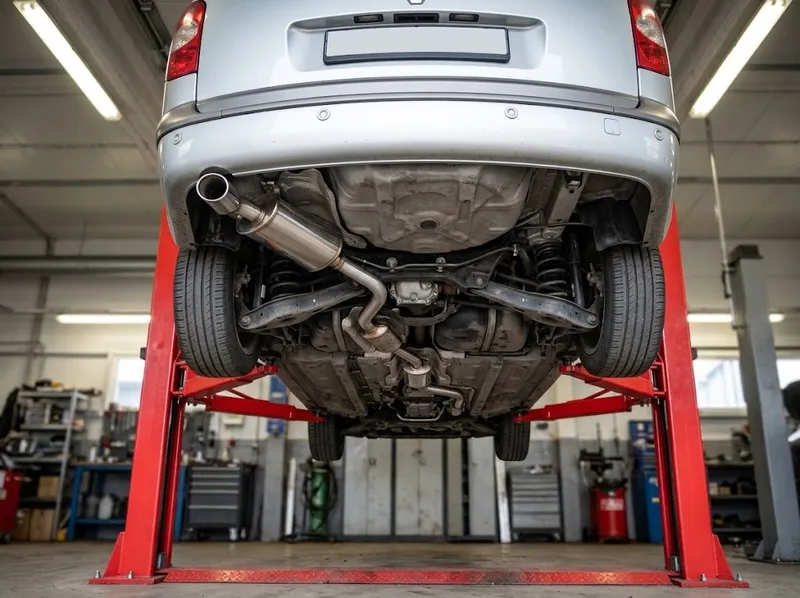 Por baixo de um carro na rampa, com a linha de escape à vista