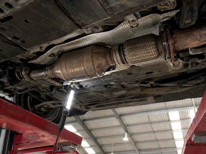 Troço do catalisador debaixo de um carro levantado