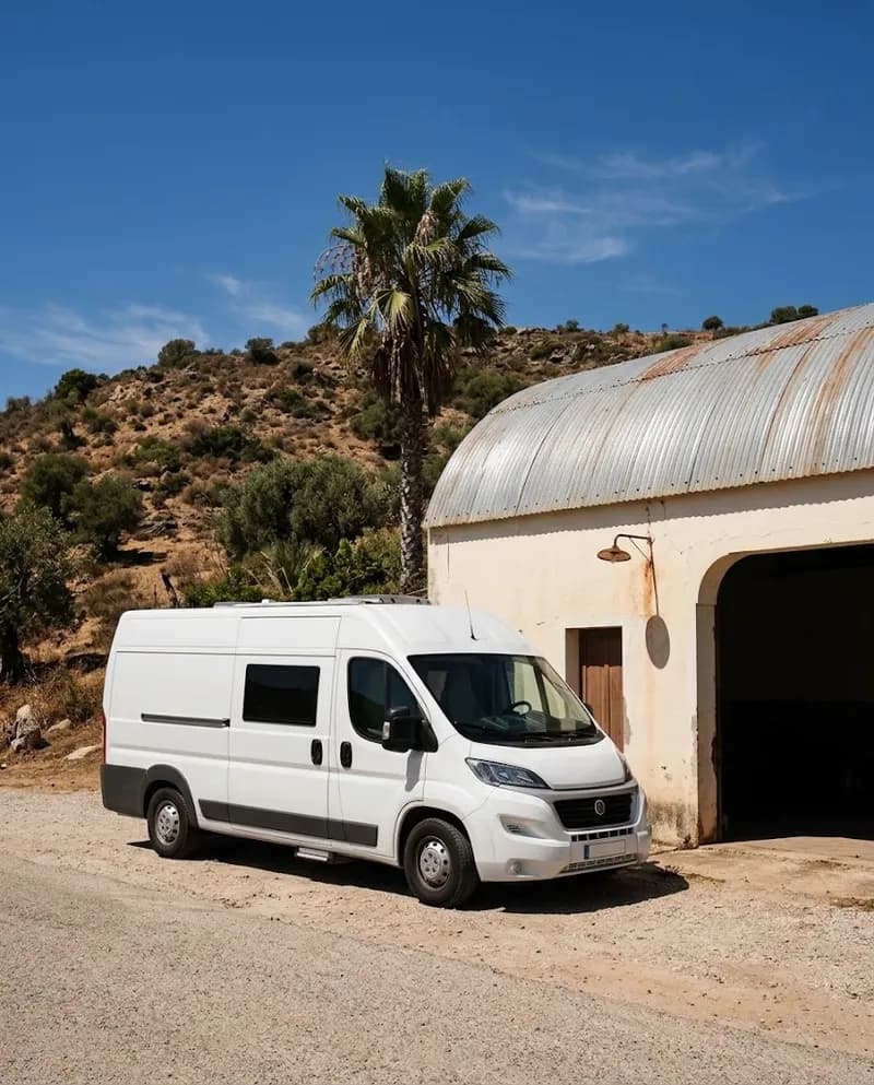 Uma autocaravana estacionada à porta da oficina na EN125